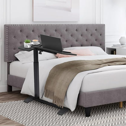 Adjustable Overbed Bedside Table with Hidden Wheels, Pneumatic Tilt Board Rolling Laptop Standing Desk Cart, Mobile Over Bed Sofa Chair Side End Tables, Walnut (Black)