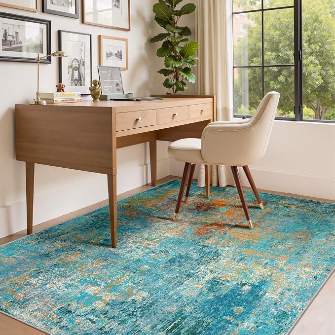 RELEANY Washable Area Rugs 8'x10' Non-Slip Modern Abstract Soft for Living Room Entryway Bedroom Kitchen, Print Pattern, Teal Blue Green Orange Rust Red Coloreful