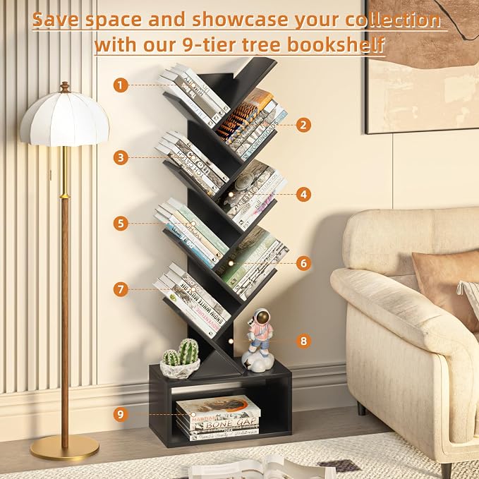 SHEEPAM 9 Tier Tree Bookshelf,Christmas Green Bookcase for Narrow Space, Storage Organizer Floor Standing Bookshelves for Books, Tall Book Case for Home Office, Living Room, Bedroom