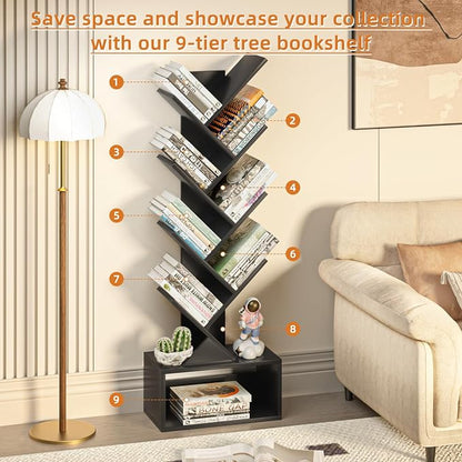 SHEEPAM 9 Tier Tree Bookshelf,Christmas Green Bookcase for Narrow Space, Storage Organizer Floor Standing Bookshelves for Books, Tall Book Case for Home Office, Living Room, Bedroom