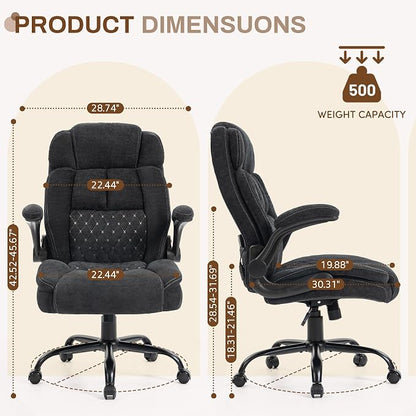 Massage Office Chair, 500LBS Ergonomic Rocking Executive Desk Chairs with 4 Points Vibration&Heat,Padded Flip-up Armrests for Big and Tall Office Chair,Swivel Computer Chair Thicken Back,Fabric Black