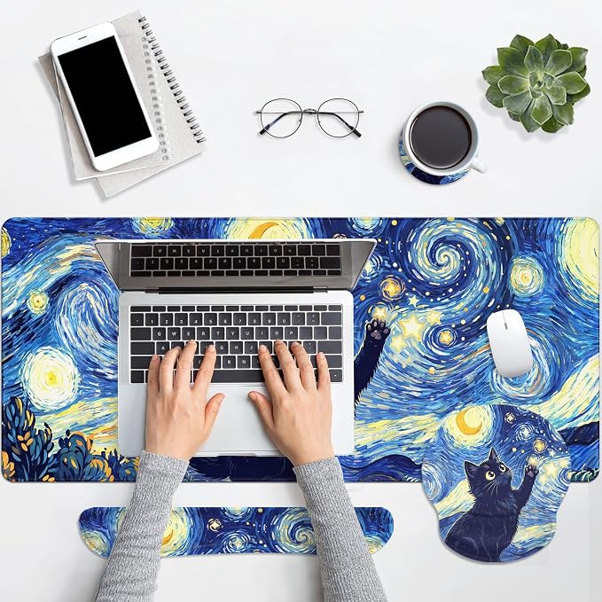 Britimes Cat Blue Moonlight Keyboard Mouse Pad Set Oil Painting Abstract 4in1 Large Mousepad+Keyboard Wrist Rest+Mouse Wrist Rest+Coaster Ergonomic Design for Home Office Computer 35.4x15.7 inches