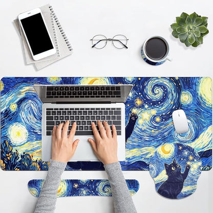 Britimes Cat Blue Moonlight Keyboard Mouse Pad Set Oil Painting Abstract 4in1 Large Mousepad+Keyboard Wrist Rest+Mouse Wrist Rest+Coaster Ergonomic Design for Home Office Computer 35.4x15.7 inches