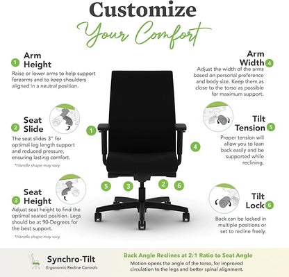 HON Ignition 2.0 Ergonomic Office Chair with Adjustable Arms, Advanced Synchro‑Tilt Recline, Upholstered Desk and Computer Chair for Home Office or Workstation, Black Frame, Black