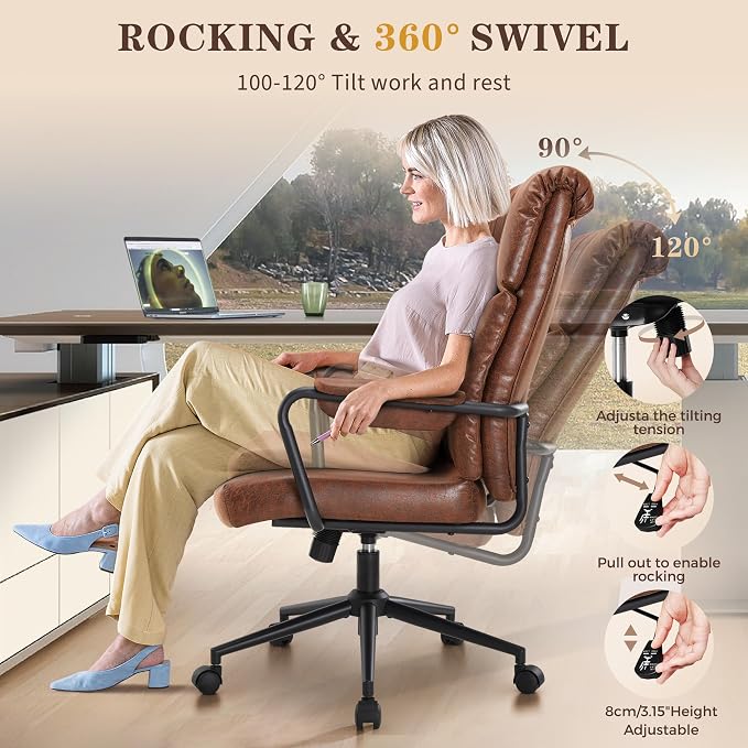 IWMH Office Chair, Executive Computer Chair, Mid Century Vintage Fabric Desk Chairs with High Bakc, Ergonomic Lumbar Support, Height Adjustable for Home Office, Brown