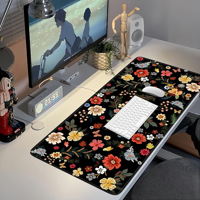 iCasso Desk Matt for Desktop, Cute Desk Pad Mat, XXL Large Mouse Pad, Anti-Slip Big Mousepad with Stitched Edges, Keyboard Pad Mouse Mat for Computer, Work, Gaming (Floral)