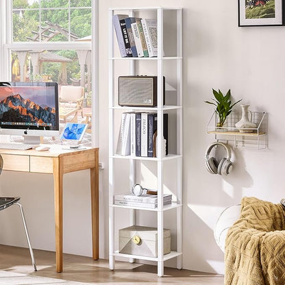YUFAM 66in Tall Bookshelf 6-Tier Small Narrow Bookcase, Skinny Book Shelf for Small Space, Farmhouse Slim Shelf with Storage, Wood Freestanding Display Thin Bookshelves for Living Room, Office, White