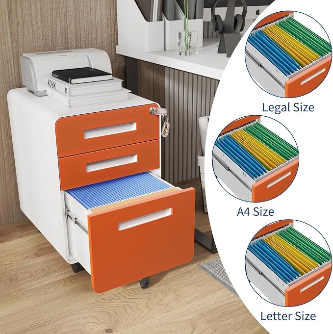 Garvee 3 Drawer File Cabinet with Lock, Under Desk Metal Mobile Filing Cabinet for Home Office, 5 Wheels Anti-Tipping Rolling File Cabinets for A4/Letter/Legal Size, Fully Assembled, Orange