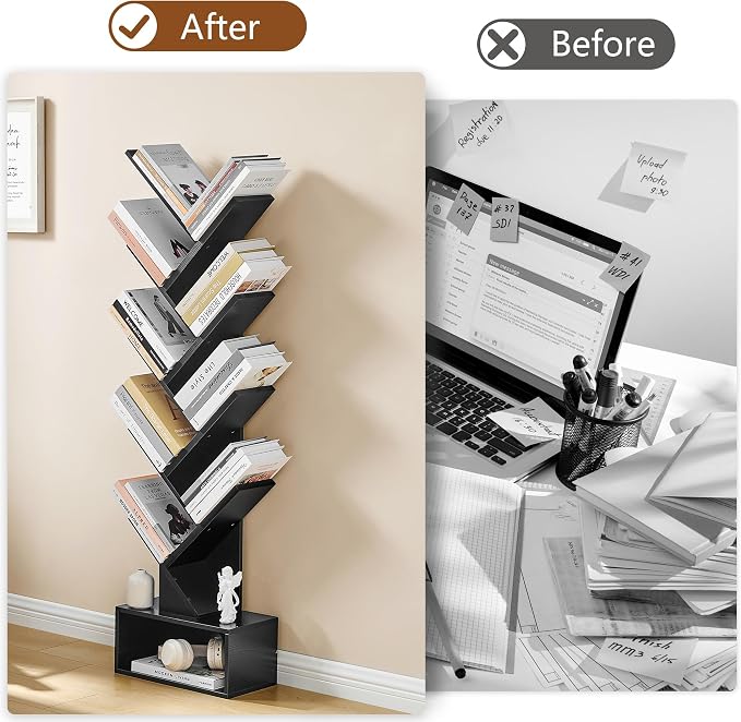 Hoctieon 9 Tier Tree Bookshelf, Tall Bookcase with Drawer, Wood Book Shelf, Modern Floor Standing Bookshelves, Book Organizer Shelves for Bedroom, Living Room, Home Office, Black