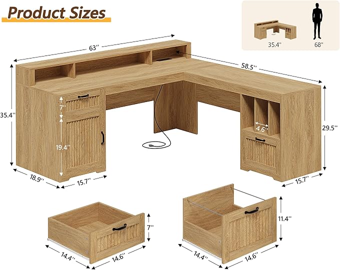 YOMILUVE 63" L Shaped Desk with Drawers, Farmhouse Corner Computer Desk with Power Outlets, Storage Cabinet, Home Office Executive Desk with Long Monitor Stand, Oak