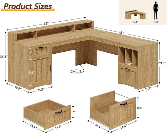 YOMILUVE 63" L Shaped Desk with Drawers, Farmhouse Corner Computer Desk with Power Outlets, Storage Cabinet, Home Office Executive Desk with Long Monitor Stand, Oak