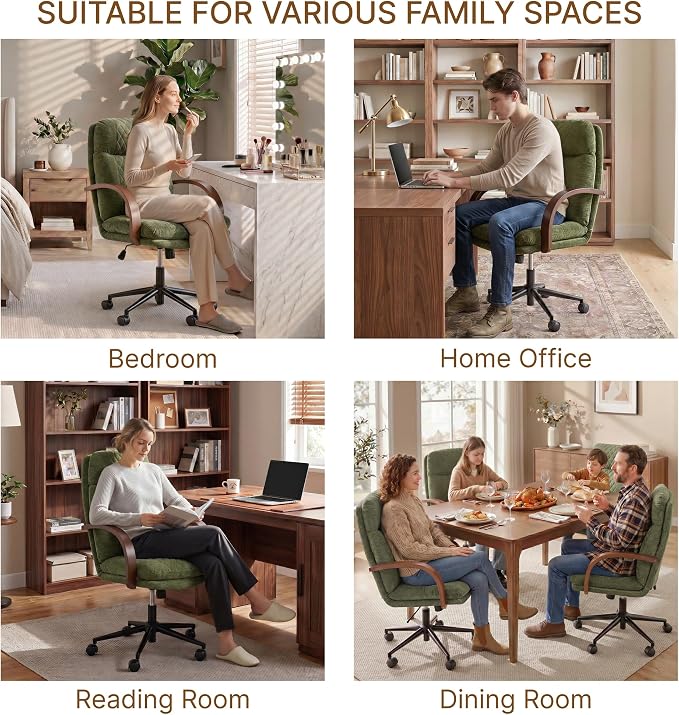 KISLOT Home Office Desk Chair, Ergonomic Office Chair with Lumbar Support, Adjustable Swivel Computer Chair with Wheels, Fabric Executive Task Chair with Wood Arms, Set of 2, Moss Green