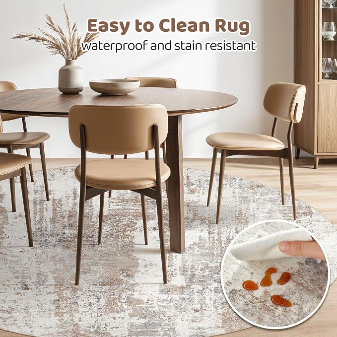 LOONGRUG Round Rug Living Room Rugs: 8Ft Washable Circle Large Abstract Modern Soft Stain Resistant Non Slip Indoor Floor Carpet for Bedroom Nursery Office Dining Room Dorm Home House Decor- Brown