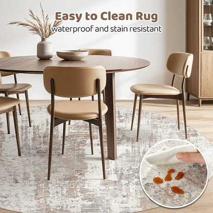 LOONGRUG Round Rug Living Room Rugs: 8Ft Washable Circle Large Abstract Modern Soft Stain Resistant Non Slip Indoor Floor Carpet for Bedroom Nursery Office Dining Room Dorm Home House Decor- Brown