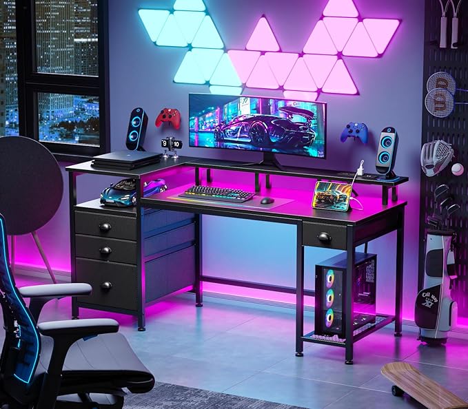 Furologee 60" Black Computer Desk with 4 Drawers and Printer Space, Gaming Desk with LED Lights and USB Power Outlets, Home Office Desk with Fabric File Cabinet,Study Work Table with Shelf for Bedroom