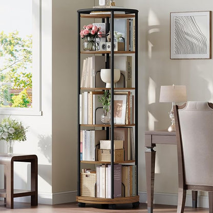 Hzuaneri Rotating Bookshelf, 360° Spinning Bookshelf Tower, Display Revolving Bookcase, Round Book Shelf, Narrow Swivel Bookshelves for Small Space, Bedroom, Living Room, 6-Tier Rustic Brown, BC52101B