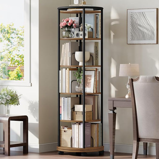 Hzuaneri Rotating Bookshelf, 360° Spinning Bookshelf Tower, Display Revolving Bookcase, Round Book Shelf, Narrow Swivel Bookshelves for Small Space, Bedroom, Living Room, 6-Tier Rustic Brown, BC52101B