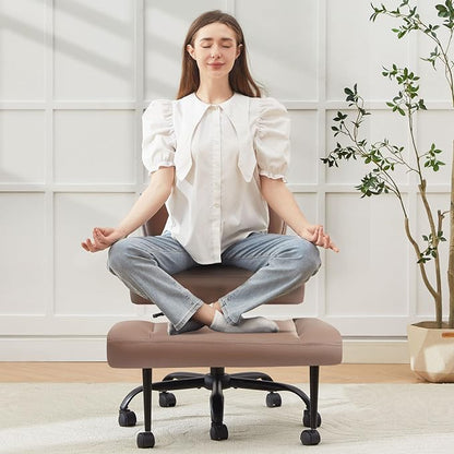 Criss Cross Legged Office Chair with Wheels,Swivel Meditation Chair for ADHD,Ergonomic Cross Legged Desk Chair with Thicken Adjustable Footstool,PU Sitting Fidgeting Kneeling Chair for Home Yoga Brown