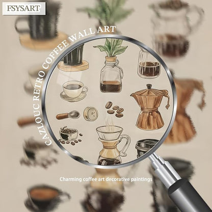 Framed Vintage Coffee Canvas Wall Art, Funky Espresso Coffee Tools Poster Prints, Modern Farmhouse Aesthetic Painting, Retro Kitchen Cafe Living Room Wall Decor for Coffee Lovers 12x16in