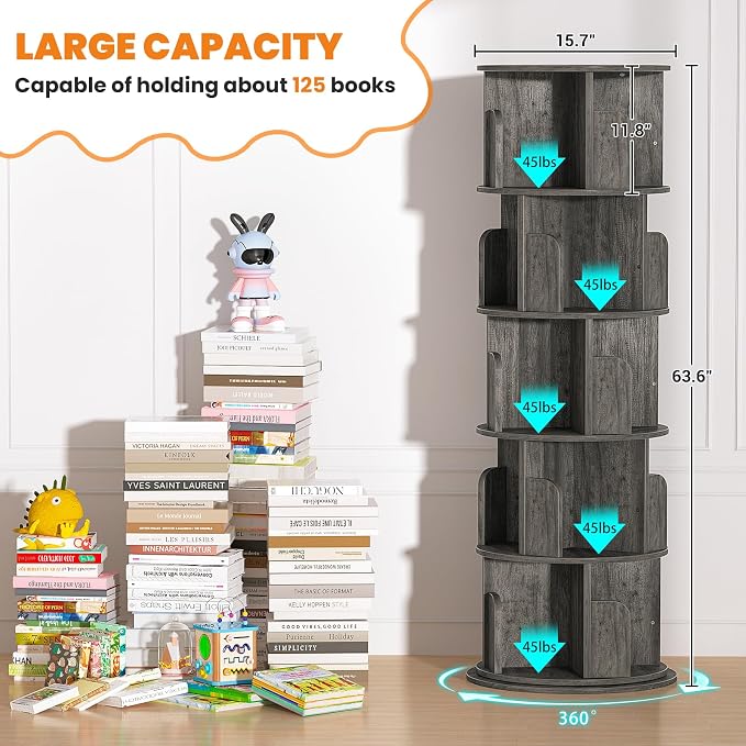 Besiost Rotating Bookshelf Tower, 5 Tier Spinning Bookcase, Revolving 360 Book Shelf Narrow Tall Bookcase, Vertical Turning Round Bookshelf Organizer, Wood Corner Book shelf for Small Space, Black Oak