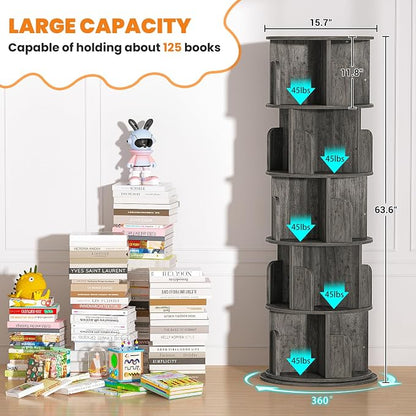 Besiost Rotating Bookshelf Tower, 5 Tier Spinning Bookcase, Revolving 360 Book Shelf Narrow Tall Bookcase, Vertical Turning Round Bookshelf Organizer, Wood Corner Book shelf for Small Space, Black Oak