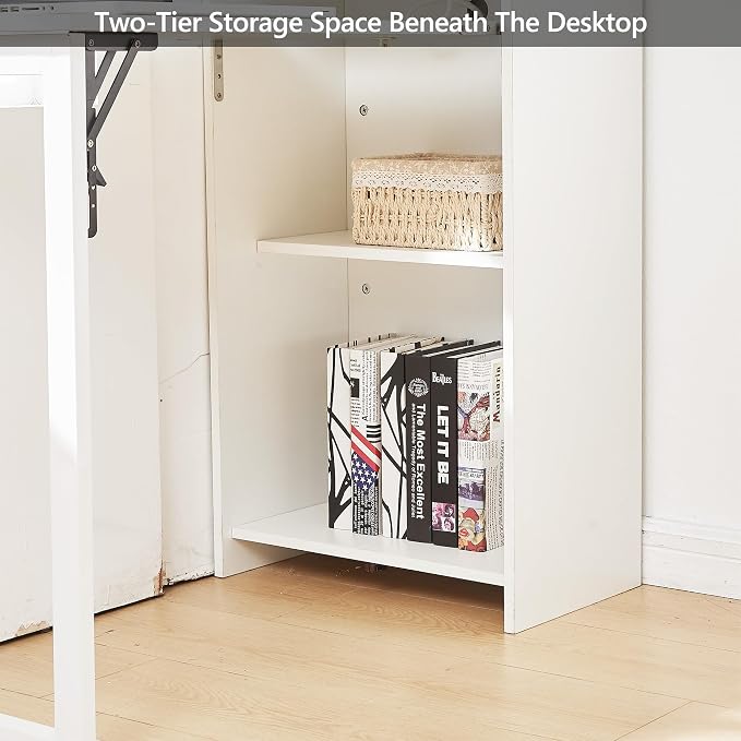 Fold Out Desk,Hidden Desk with Built-in Outlet, Foldable Desk with Storage for Small Spaces,Home Office and Bedroom (White)