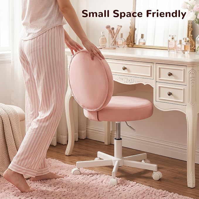 Furniliving Round Velvet Vanity Chair with Wheels, 360° Swivel Armless Desk Chair, Adjustable Height Rolling Makeup Chair for Bedroom Study Room, Pink