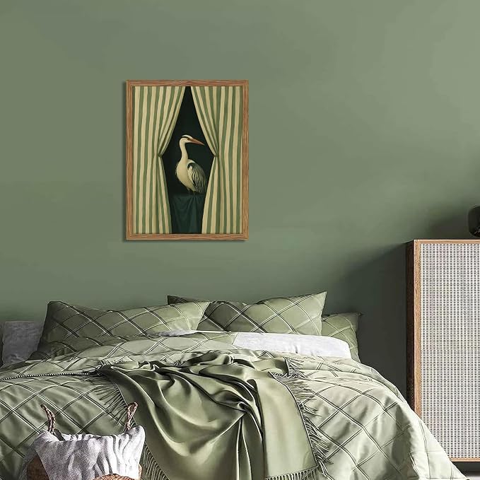 Framed Bird Wall Art, Elegant Heron Canvas Print, Vintage Coastal Bird Wall Decor, Abstract Heron Painting, Striped Curtain Picture Poster Artwork for Living Room Bedroom 8x10 inch