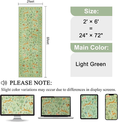 DUKINO 2x6 Rug for Hallway, Washable Kitchen Runner Rug with Non Slip Backing, Soft Low Pile Vintage Animal Runner for Bedroom, Kitchen, Hallway, Entryway, Laundry, Light Green