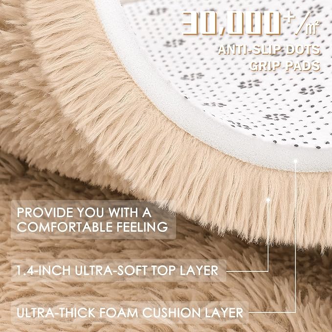 OLANLY 8x8 Machine Washable Large Area Rugs for Living Room, Bedroom, Soft Fluffy Shaggy Bedside Rug, Indoor Floor Carpet for Kids Girls and Boys, Dorms, Nursery, Home Decor Aesthetic, Beige