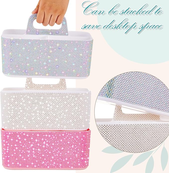 Marspark Bling Makeup Caddy Organizer with Handle, Sparkly Art Craft Holder, Glitter Bathroom Hair Caddy, Shimmer Pen Pencil Holder for Women Desk Organizer, Bling Gifts for Women(White,AB Diamond)