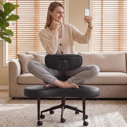 DUMOS Ergonomic ADHD Cross Legged Office Desk Chair with Adjustable Backrest, Height Adjustable Meditation Chair with 360° Swivel Footstool, PU Leather Yoga Stool for Home Office, Black