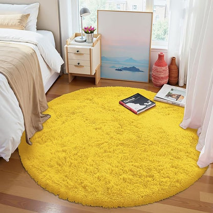 OLANLY Yellow Round Rugs for Bedroom - Machine Washable, 4 ft Circle Area Rugs for Living Room, Soft and Fluffy Shaggy Carpet for Teen Girl and Boys, Nursery Rooms, Dorms, Home Decor Aesthetic