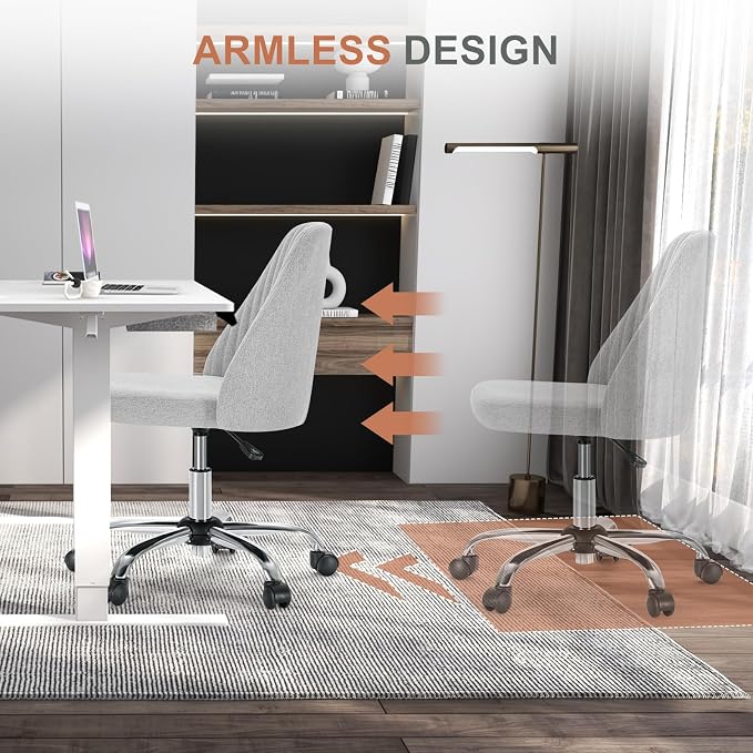 Sweetcrispy Armless Vanity Chair, Cute Comfy Home Office Desk Chair with Wheels, Modern Upholstered Task Computer Seat for Bedroom, Study, Makeup Vanity, Height Adjustable & Swivel, Classic Gray
