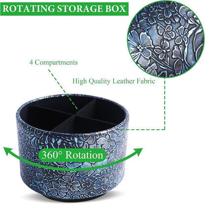 Round Leather Art Supply Organizer,Remote Control Holder,360 Degree Spinning,Multi-Functional Pencil Holder,4 Compartments Desktop Stationary Organizer(1-Rich Flower Blue)