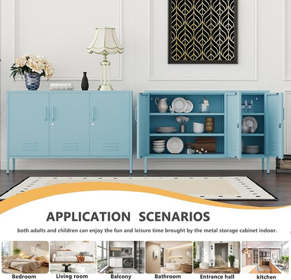 Blue Metal Storage Cabinet with Lock, 47.5" Wide Ventilated Door Locker, 2 Adjustable Shelves, Heavy Duty Home Accent Cabinet for Living Room Kitchen Office Study