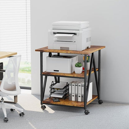 Arbuxzuy 3-Tier Printer Stand, Large Printer Table with Storage, Industrial Printer Storage Cart with Wheels, Rolling Printer Stand for Heat Press Scanner Fax, Brown