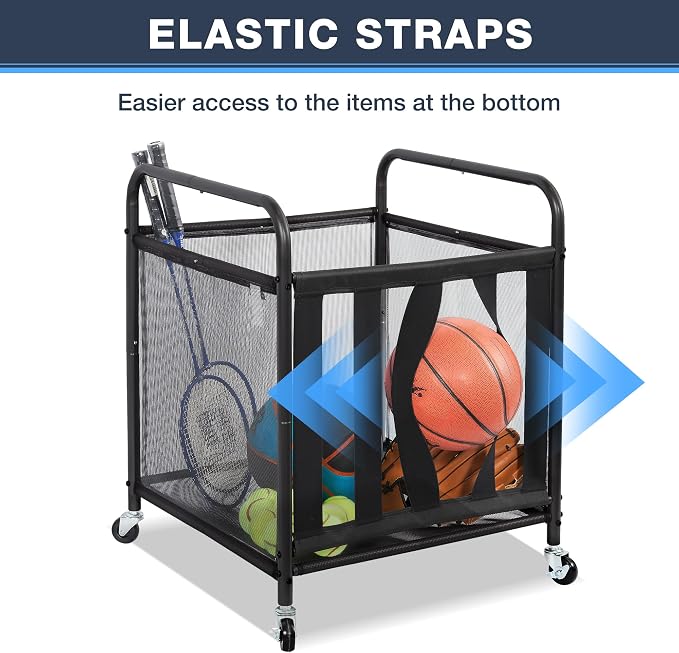 STO STO 2 Pack Rolling Sports Ball Storage Cart, Lockable Basketball Cage with Elastic Straps, Sport Equipment Holder Organizer for Indoor Outdoor, Steel Storage Rack for Playgroud and Gym, Black