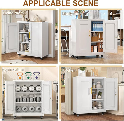 36" Metal Garage Storage Cabinet with Lock and Wheels,Rolling Steel Locker Organizer,Office File Cabinet with 2 Doors and 2 Adjustable Shelves,Tool Cabinets for Home Office,Gym,School (White)