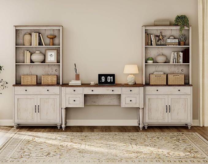 WAMPAT Home Office Furniture Set, 56" Executive Desk with Charging Station, 72" Tall Bookcase with 4 Wooden Doors, Wood Computer Desk with File Cabinet Storage, Open Shelf, Rustic White
