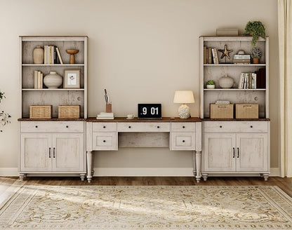 WAMPAT Home Office Furniture Set, 56" Executive Desk with Charging Station, 72" Tall Bookcase with 4 Wooden Doors, Wood Computer Desk with File Cabinet Storage, Open Shelf, Rustic White