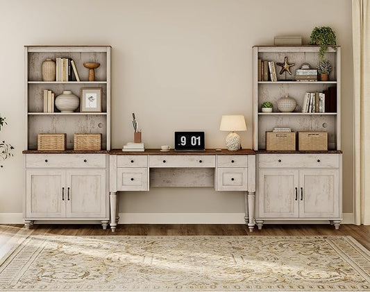 WAMPAT Home Office Furniture Set, 56" Executive Desk with Charging Station, 72" Tall Bookcase with 4 Wooden Doors, Wood Computer Desk with File Cabinet Storage, Open Shelf, Rustic White