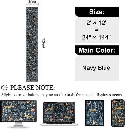 DUKINO 2x12 Washable Runner Rug, Ultra Soft Vintage Animal Runner Rug for Hallway, Lightweight Non Slip & Non Shedding Long Carpet for Kitchen, Laundry Room, Bathroom, Bedroom, Entrance, Navy Blue
