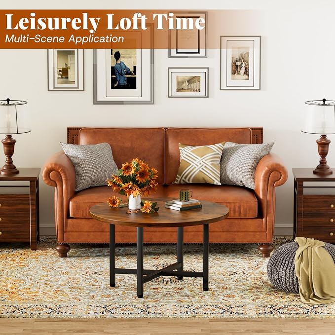 Coffee Table, 23.6" Small Coffee Tables, Rustic Brown Round Coffee Tables for Living Room, Floor Table for Sitting on The Floor, Center Coffee Table with Metal Frame Industrial Office Home
