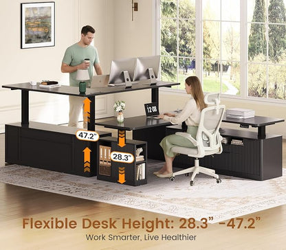 SEDETA L Shaped Electric Standing Desk, 69" x 55"Height Adjustable Office Executive Desk with 4 Drawers and Storage Shelves, Fluted Sit Stand Computer Desk with Power Outlet for Home Office (Black)