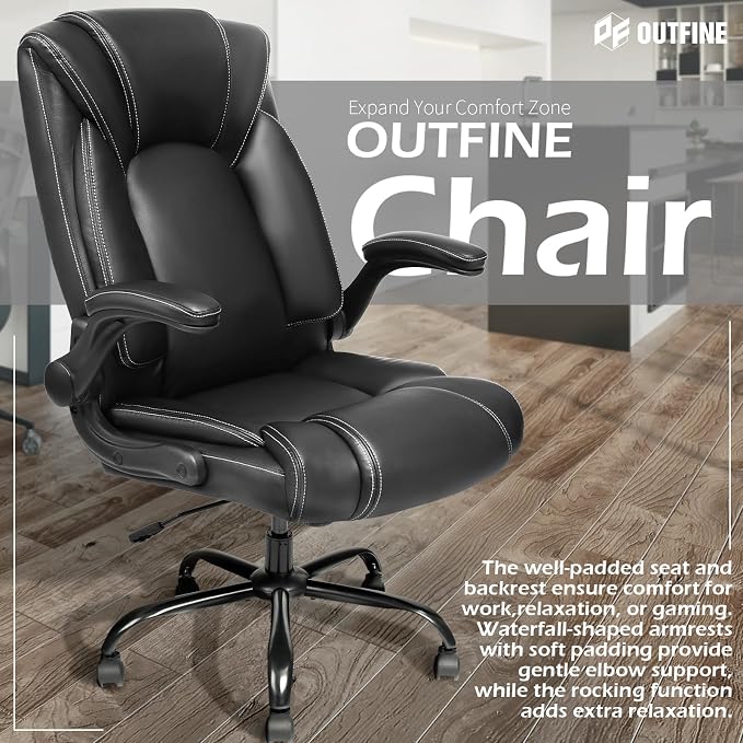 OUTFINE Flip-up Arms Office Chair 300lbs Executive Chair Swivel Office Chair with hydrolysis-Resistant Leather Spring Cushion Thick Padding and Ergonomic Design (Black, Flip Arm Medium) | Flip-up armrests, ergonomic support and durable leather maximize...