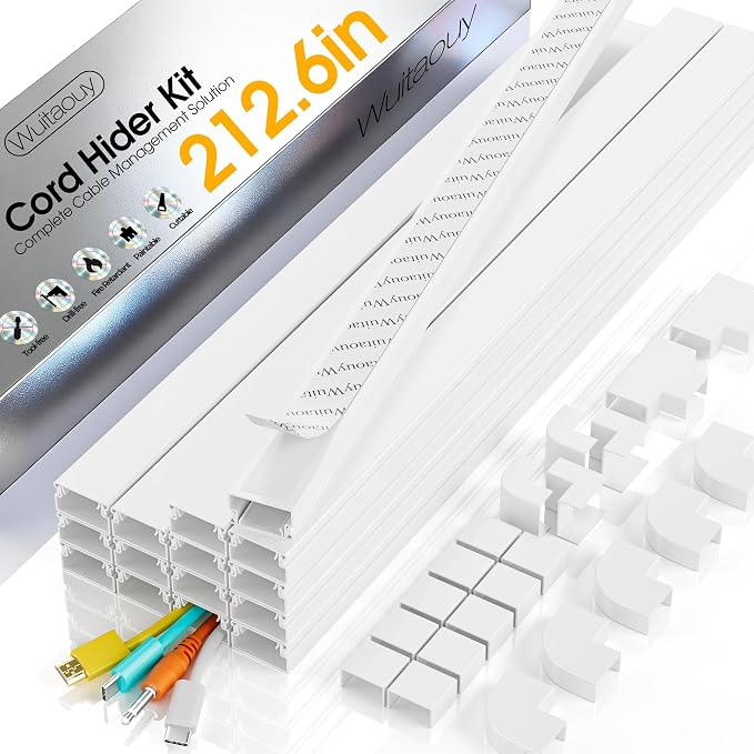 Wire Covers for Cords on Wall, 212.6in Cord Hider Wall, Cord Covers for 2-3 Wires on Wall, Paintable Cable Hider Raceway, Easier Set-up Wire Hider, Self-Adhesive Cable Cover, W0.95 H0.55in, White