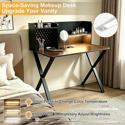 44"×24" Black Computer Desk with Charging Ports, Home Office Desk with Hutch Pegboard Study Gaming Desk with Motion Sensor Light, Modern Writing Desk Table for Home Office Bedroom Kis Room