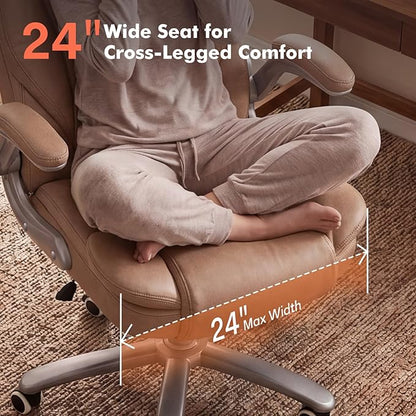 GYI Big and Tall 400lb Office Chair, Leather Executive Desk Chair, Brown | 24"Wide Seat, High Back, Space-Saving Flip-up Arms, Lumbar Support, Heavy Duty Base, Home, Conference Room