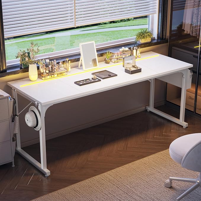 DurayLoly 71" Computer Desk LED Lights, Large Office Desk for 3 Monitors or 2 laptops,Long Desk with Storage Bag&Headphone Hook for Study Writing Work Gaming Desk,Sturdy Metal Frame,Bedroom,White